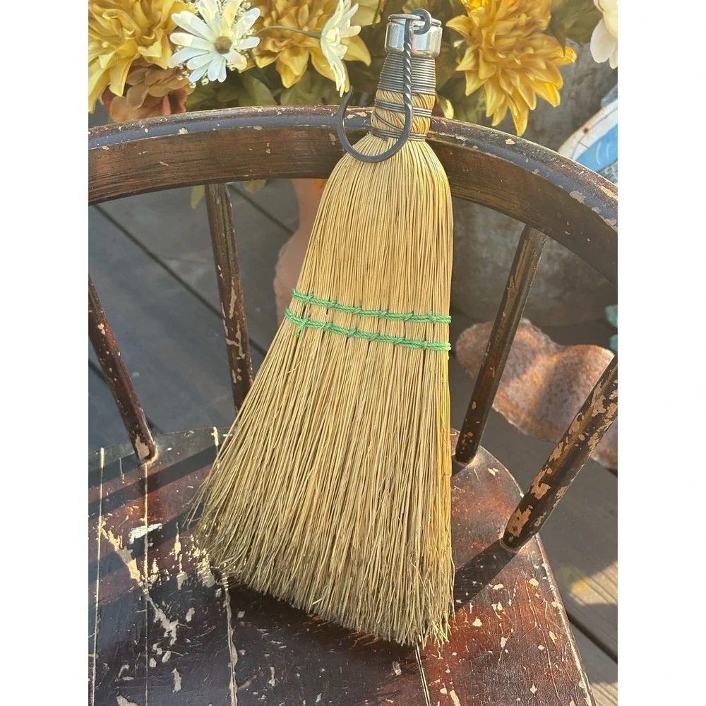 Vintage Straw Whisk Broom Hand Tied Metal Farmhouse  Cottagecore Forged Hook